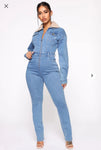 Faux Fur Collar Denim Jumpsuit