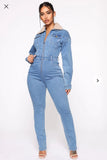 Faux Fur Collar Denim Jumpsuit