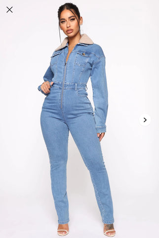 Faux Fur Collar Denim Jumpsuit