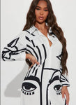 Abstract Face Patterned Shirt Dress