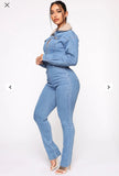 Faux Fur Collar Denim Jumpsuit