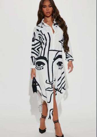 Abstract Face Patterned Shirt Dress