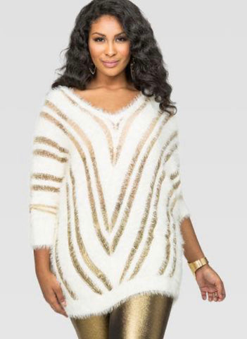 Metallic Knit Fuzzy Striped Sweater