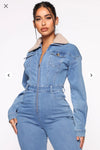 Faux Fur Collar Denim Jumpsuit