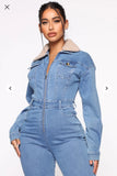 Faux Fur Collar Denim Jumpsuit