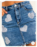 Rhinestone Bling Heart Embellished Denim Skirt