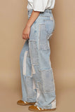 Contrast Patched Raw Hem Straight Jeans