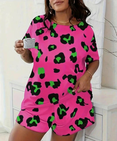 Neon Cheetah Patterned 2 Piece Shorts & T-Shirt Set