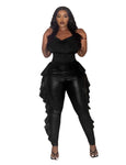 Black Ruffled Detail Faux Leather Pants
