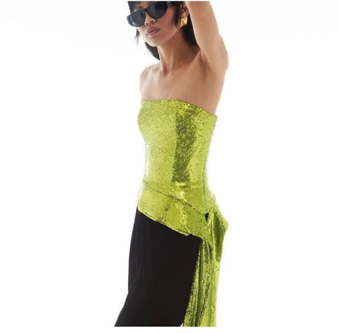 Green Sequin Embellished Strapless Blouse