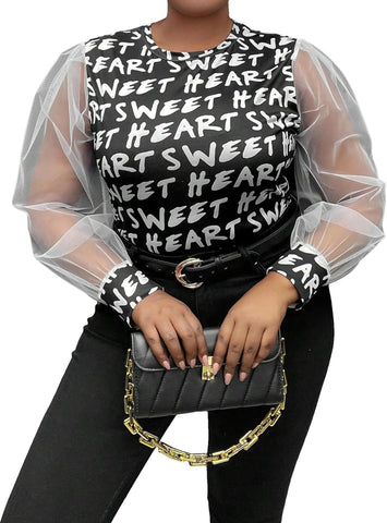 Graffiti Patterned Sheer Sleeve Blouse