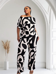 Lori Print Black and White Matching Plus Size Pants Set With Pockets
