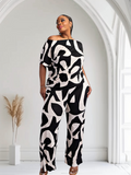 Lori Print Black and White Matching Plus Size Pants Set With Pockets