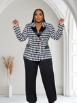 Boss Babe Diamond Shape Print Double Breated Plus Size Pant Suit - Black