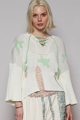 Distressed Lace-Up Star Pattern Hooded Hooded Sweater