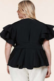 Fasheabe Plus Size Black Ruffle Plunging V-Neck Fit and Flare Top
