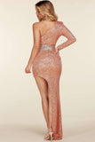 Fasheabe Rose Gold Sequin One Shoulder Maxi Dress