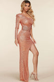Fasheabe Rose Gold Sequin One Shoulder Maxi Dress