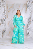 Plus Size Floral Print Jumpsuit with Long Bishop Split Sleeves - Green