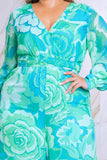 Plus Size Floral Print Jumpsuit with Long Bishop Split Sleeves - Green