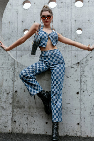 Checkered Lace Up Cropped Top and Pants Set