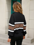 Striped Quarter-Zip Lantern Sleeve Sweater