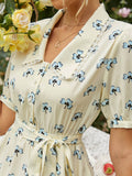 Floral Buttoned Lace Trim Mini Dress