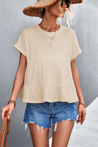 Waffle Knit Round Neck Babydoll Top