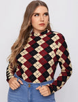 Argyle Print Turtleneck Sweater