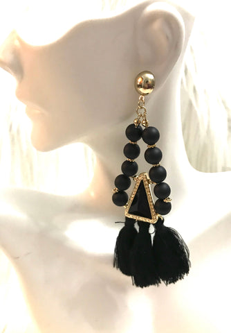 Black beaded fringe earrings