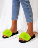 Neon Green Faux Fur Slides