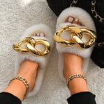 Oversized Chain Furry Slipper Shoes