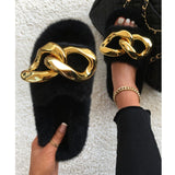 Oversized Chain Furry Slipper Shoes