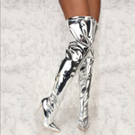 Women Sexy Silver Mirror Thigh High Boots T Show Pointy Toe Club Party Shoes Thin High Heels Over The Knee Long Boots For Women