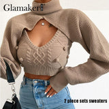 Glamaker Hairball 2 piece set women autumn winter turtleneck crop sweaters vest knit top Sexy backless knitted chic new jumper